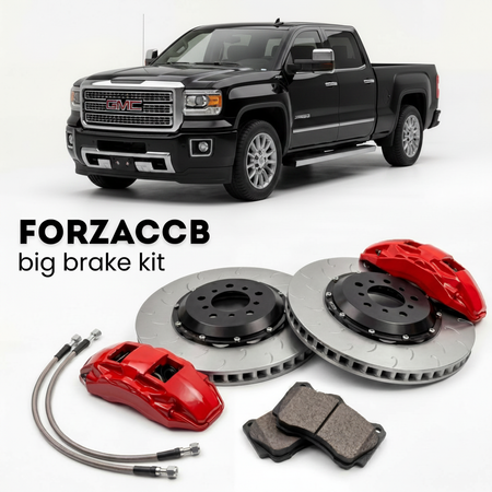 Black GMC Sierra 3500HD GMT900, facelift 2011) Extended Cab Long Box (2011-2013 (III) shown above a ForzaCCB iron rotor big brake kit with 2x red 6-piston front calipers, 2x two-piece floating ventilated brake discs 380 mm, set of brake pads, and brake lines.