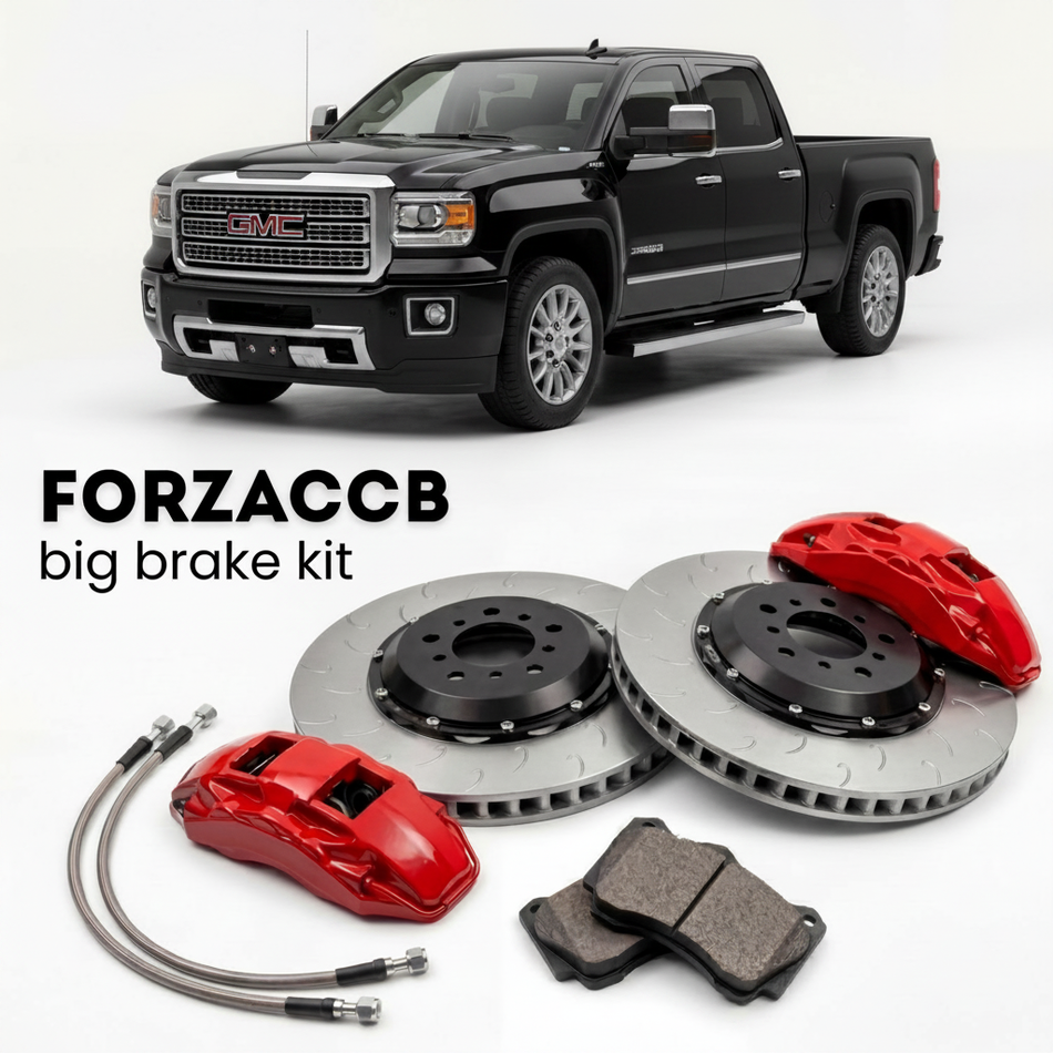 Black GMC Sierra 3500HD GMT900, facelift 2011) Extended Cab Long Box (2011-2013 (III) shown above a ForzaCCB iron rotor big brake kit with 2x red 6-piston front calipers, 2x two-piece floating ventilated brake discs 380 mm, set of brake pads, and brake lines.