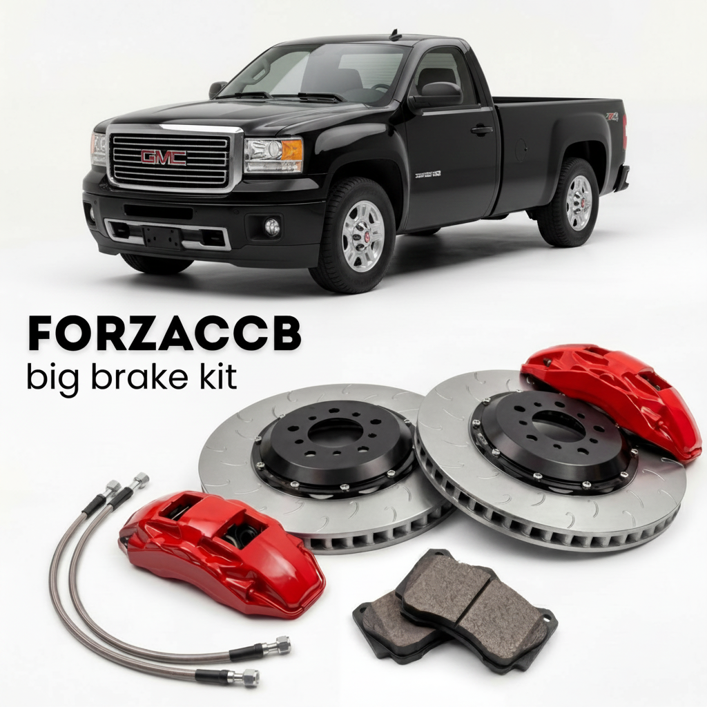 Black GMC Sierra 3500HD GMT900, facelift 2011) Regular Cab Long Box (2011-2014 (III) shown above a ForzaCCB iron rotor big brake kit with 2x red 6-piston front calipers, 2x two-piece floating ventilated brake discs 380 mm, set of brake pads, and brake lines.
