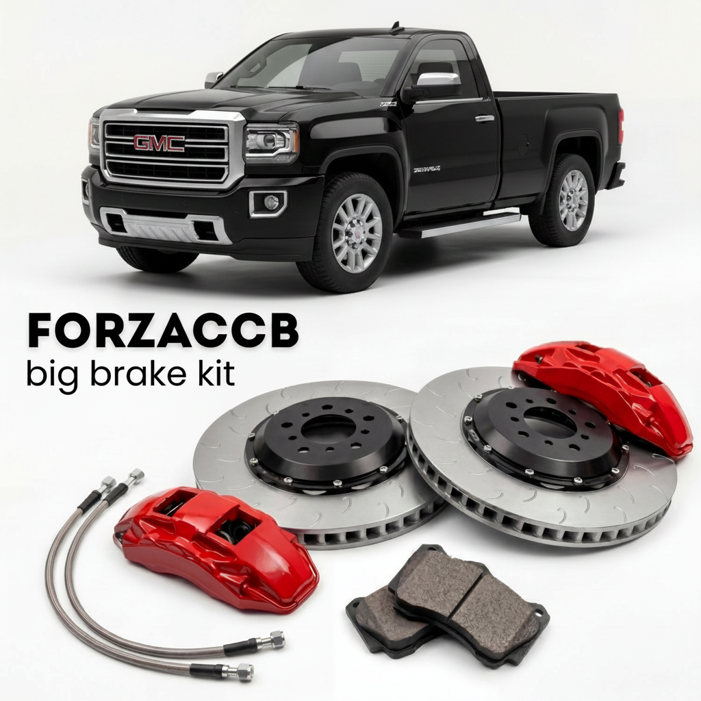 Black GMC Sierra 3500HD GMTK2XX) Regular Cab Long Box (2015-2019 (IV) shown above a ForzaCCB iron rotor big brake kit with 2x red 6-piston front calipers, 2x two-piece floating ventilated brake discs 380 mm, set of brake pads, and brake lines.
