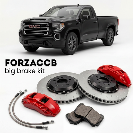 Black GMC Sierra 3500HD GMTT1XX) Regular Cab Long Bed (2020-2023 (V) shown above a ForzaCCB iron rotor big brake kit with 2x red 6-piston front calipers, 2x two-piece floating ventilated brake discs 380 mm, set of brake pads, and brake lines.