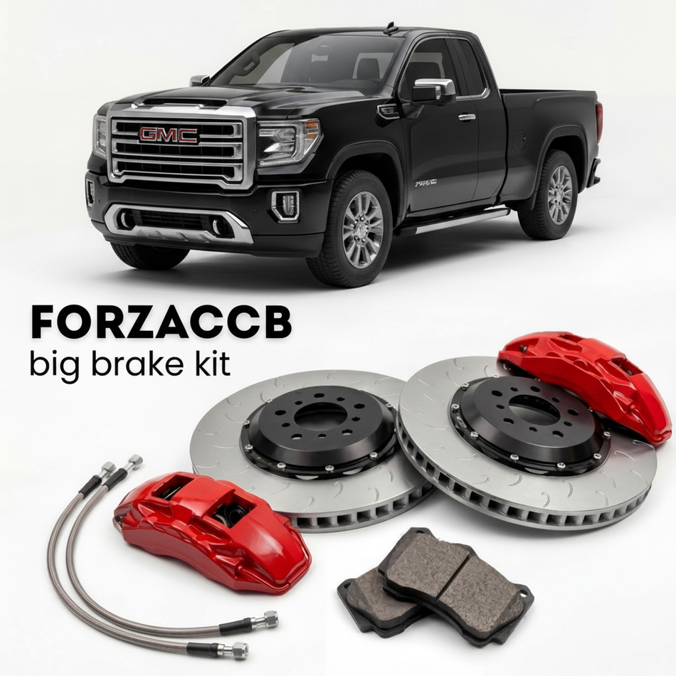 Black GMC Sierra 3500HD GMTT1XX, facelift 2024) Regular Cab Long Bed (2024+ (V) shown above a ForzaCCB iron rotor big brake kit with 2x red 6-piston front calipers, 2x two-piece floating ventilated brake discs 380 mm, set of brake pads, and brake lines.