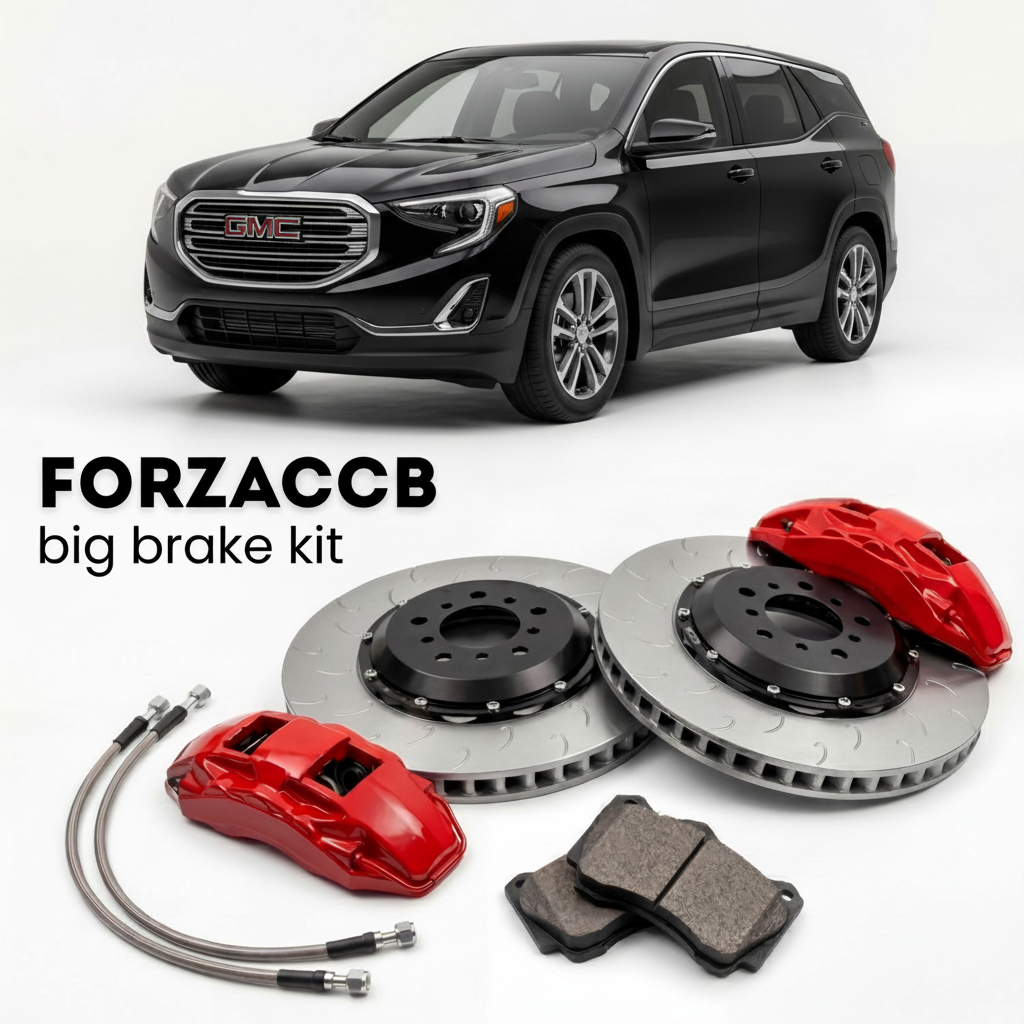 Black GMC Terrain II (2017-2021) shown above a ForzaCCB iron rotor big brake kit with 2x red 6-piston front calipers, 2x two-piece floating ventilated brake discs 380 mm, set of brake pads, and brake lines.