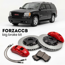 Black GMC Yukon GMT800) (2005-2006 (II) shown above a ForzaCCB iron rotor big brake kit with 2x red 6-piston front calipers, 2x two-piece floating ventilated brake discs 380 mm, set of brake pads, and brake lines.