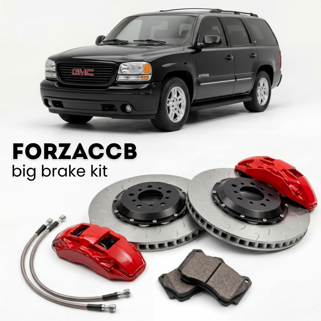 Black GMC Yukon GMT800) (2005-2006 (II) shown above a ForzaCCB iron rotor big brake kit with 2x red 6-piston front calipers, 2x two-piece floating ventilated brake discs 380 mm, set of brake pads, and brake lines.