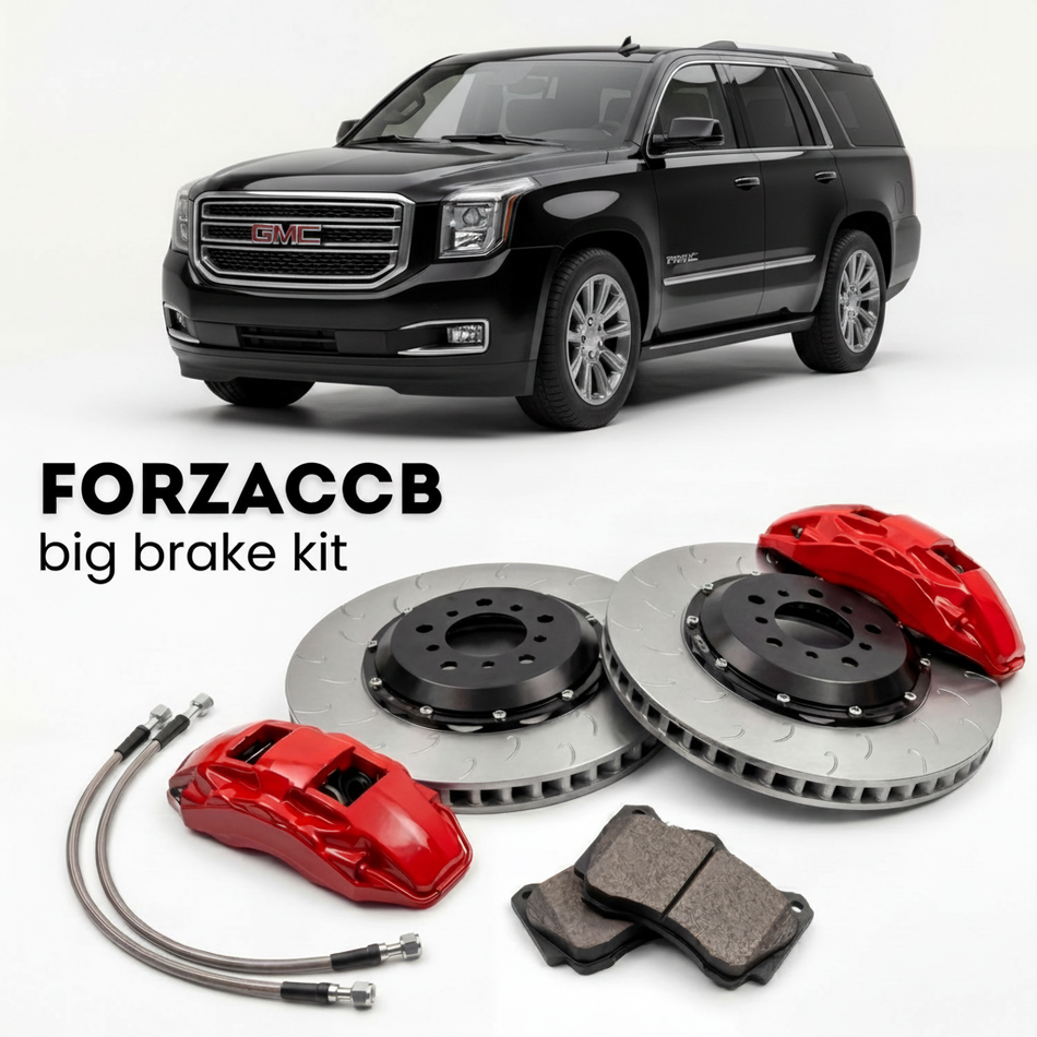 Black GMC Yukon IV (2014-2019) shown above a ForzaCCB iron rotor big brake kit with 2x red 6-piston front calipers, 2x two-piece floating ventilated brake discs 380 mm, set of brake pads, and brake lines.