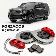 Black GMC Yukon V (2020-2024) shown above a ForzaCCB iron rotor big brake kit with 2x red 6-piston front calipers, 2x two-piece floating ventilated brake discs 380 mm, set of brake pads, and brake lines.