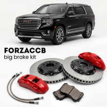 Black GMC Yukon facelift 2024) (2024+ (V) shown above a ForzaCCB iron rotor big brake kit with 2x red 6-piston front calipers, 2x two-piece floating ventilated brake discs 380 mm, set of brake pads, and brake lines.