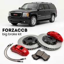 Black GMC Yukon GMT800) (2005-2006 (XL II) shown above a ForzaCCB iron rotor big brake kit with 2x red 6-piston front calipers, 2x two-piece floating ventilated brake discs 380 mm, set of brake pads, and brake lines.
