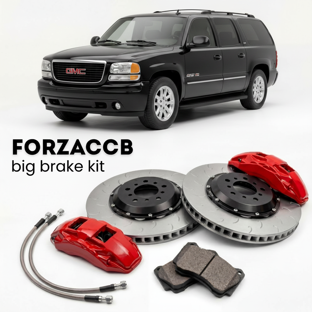 Black GMC Yukon GMT800) (2005-2006 (XL II) shown above a ForzaCCB iron rotor big brake kit with 2x red 6-piston front calipers, 2x two-piece floating ventilated brake discs 380 mm, set of brake pads, and brake lines.