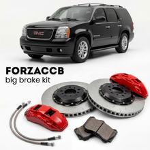 Black GMC Yukon GMT900) (2007-2013 (XL III) shown above a ForzaCCB iron rotor big brake kit with 2x red 6-piston front calipers, 2x two-piece floating ventilated brake discs 380 mm, set of brake pads, and brake lines.