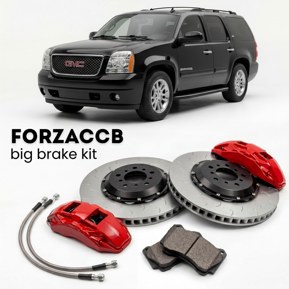 Black GMC Yukon GMT900) (2007-2013 (XL III) shown above a ForzaCCB iron rotor big brake kit with 2x red 6-piston front calipers, 2x two-piece floating ventilated brake discs 380 mm, set of brake pads, and brake lines.