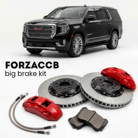 Black GMC Yukon XL V (2020-2024) shown above a ForzaCCB iron rotor big brake kit with 2x red 6-piston front calipers, 2x two-piece floating ventilated brake discs 380 mm, set of brake pads, and brake lines.