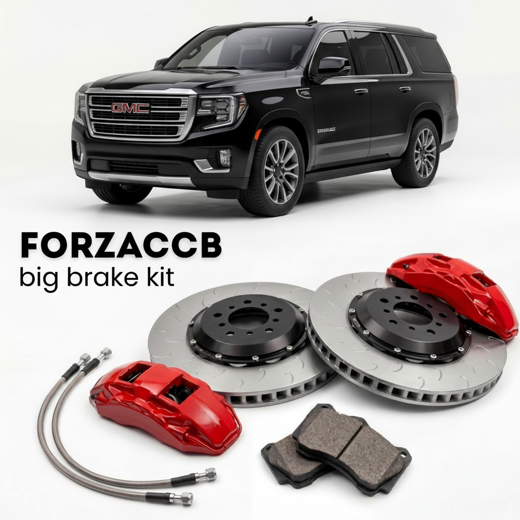 Black GMC Yukon facelift 2024) (2024+ (XL V) shown above a ForzaCCB iron rotor big brake kit with 2x red 6-piston front calipers, 2x two-piece floating ventilated brake discs 380 mm, set of brake pads, and brake lines.