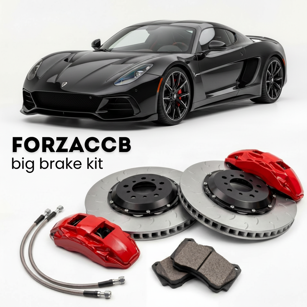 Black Hennessey Venom F5 (2020+) shown above a ForzaCCB iron rotor big brake kit with 2x red 6-piston front calipers, 2x two-piece floating ventilated brake discs 380 mm, set of brake pads, and brake lines.