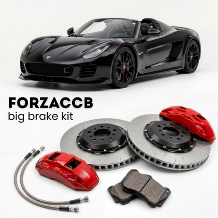 Black Hennessey Venom F5 Roadster (2022+) shown above a ForzaCCB iron rotor big brake kit with 2x red 6-piston front calipers, 2x two-piece floating ventilated brake discs 380 mm, set of brake pads, and brake lines.