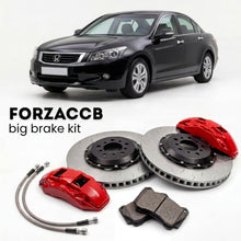 Black Honda Accord CP2 (2008-2012) shown above a ForzaCCB iron rotor big brake kit with 2x red 6-piston front calipers, 2x two-piece floating ventilated brake discs 380 mm, set of brake pads, and brake lines.