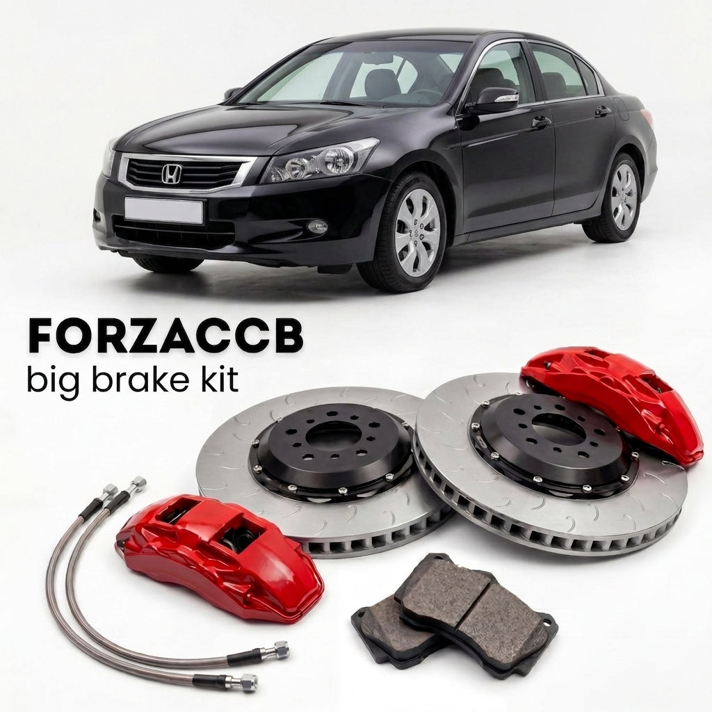 Black Honda Accord CP3 (2008-2012) shown above a ForzaCCB iron rotor big brake kit with 2x red 6-piston front calipers, 2x two-piece floating ventilated brake discs 380 mm, set of brake pads, and brake lines.