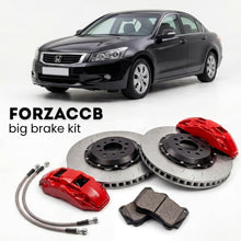 Black Honda Accord CP3 (2008-2012) shown above a ForzaCCB iron rotor big brake kit with 2x red 6-piston front calipers, 2x two-piece floating ventilated brake discs 380 mm, set of brake pads, and brake lines.
