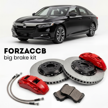 Black Honda Accord CV1 (2018-2022) shown above a ForzaCCB iron rotor big brake kit with 2x red 6-piston front calipers, 2x two-piece floating ventilated brake discs 380 mm, set of brake pads, and brake lines.