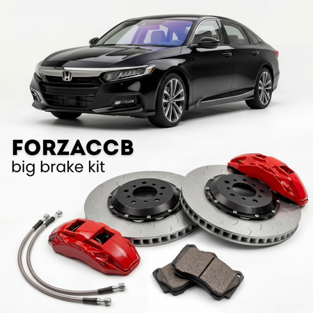 Black Honda Accord CV2, CV3 (2018-2022) shown above a ForzaCCB iron rotor big brake kit with 2x red 6-piston front calipers, 2x two-piece floating ventilated brake discs 380 mm, set of brake pads, and brake lines.