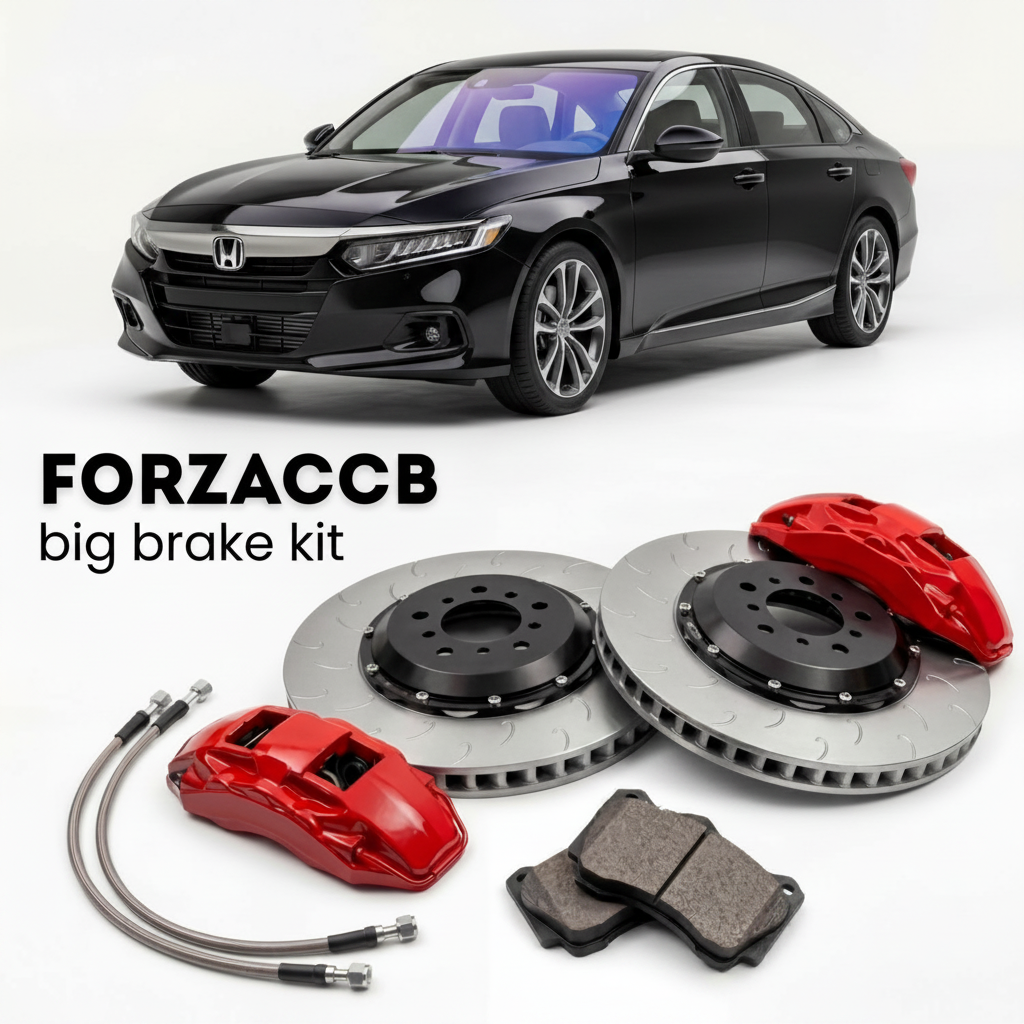 Black Honda Accord CY1 (2023+) shown above a ForzaCCB iron rotor big brake kit with 2x red 6-piston front calipers, 2x two-piece floating ventilated brake discs 380 mm, set of brake pads, and brake lines.