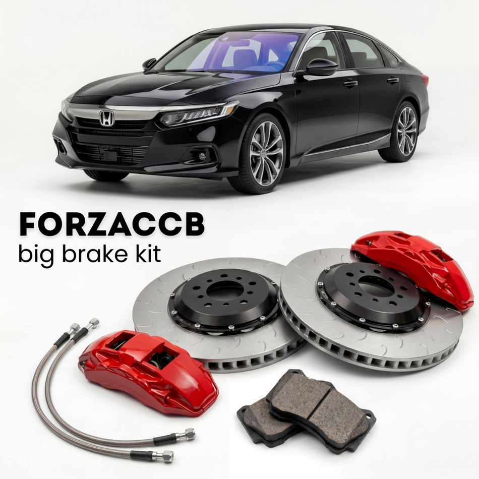Black Honda Accord CY1 (2023+) shown above a ForzaCCB iron rotor big brake kit with 2x red 6-piston front calipers, 2x two-piece floating ventilated brake discs 380 mm, set of brake pads, and brake lines.
