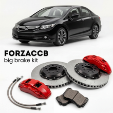 Black Honda Civic FB2, FG3 (2012-2015) shown above a ForzaCCB iron rotor big brake kit with 2x red 6-piston front calipers, 2x two-piece floating ventilated brake discs 380 mm, set of brake pads, and brake lines.