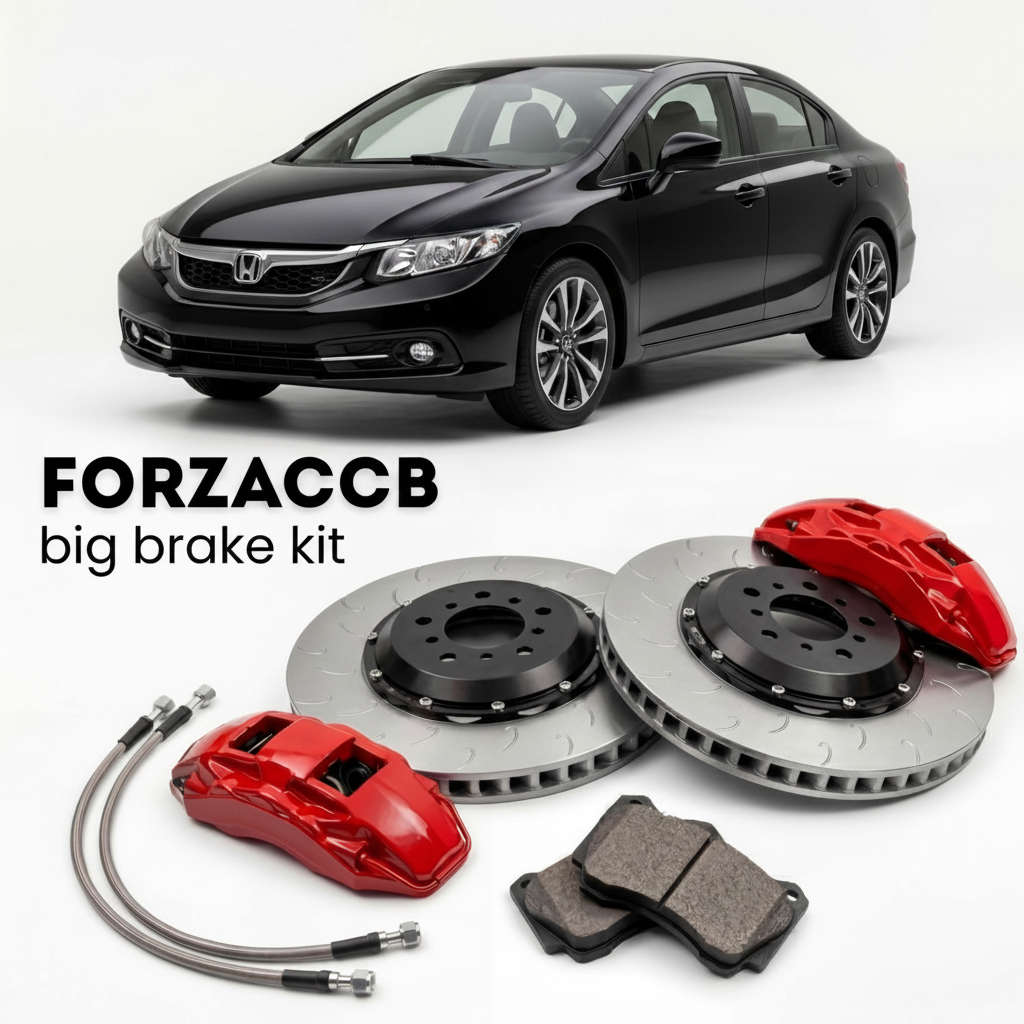 Black Honda Civic Si FB6, FG4 (2012-2015) shown above a ForzaCCB iron rotor big brake kit with 2x red 6-piston front calipers, 2x two-piece floating ventilated brake discs 380 mm, set of brake pads, and brake lines.