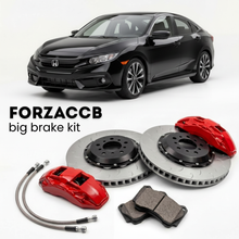Black Honda Civic Si FC1, FC3 (2017-2020) shown above a ForzaCCB iron rotor big brake kit with 2x red 6-piston front calipers, 2x two-piece floating ventilated brake discs 380 mm, set of brake pads, and brake lines.