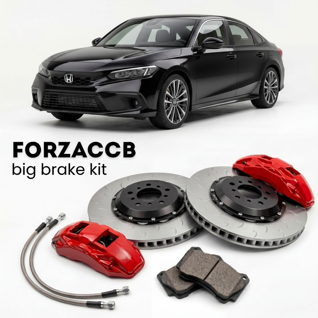 Black Honda Civic Si FE1 (2022+) shown above a ForzaCCB iron rotor big brake kit with 2x red 6-piston front calipers, 2x two-piece floating ventilated brake discs 380 mm, set of brake pads, and brake lines.