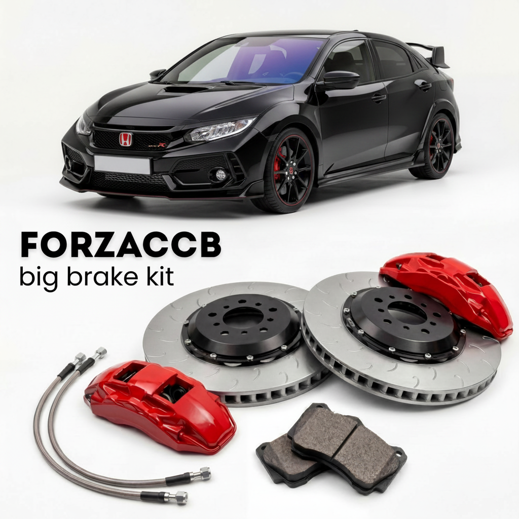 Black Honda Civic Type R FK2 (2015-2017) shown above a ForzaCCB iron rotor big brake kit with 2x red 6-piston front calipers, 2x two-piece floating ventilated brake discs 380 mm, set of brake pads, and brake lines.