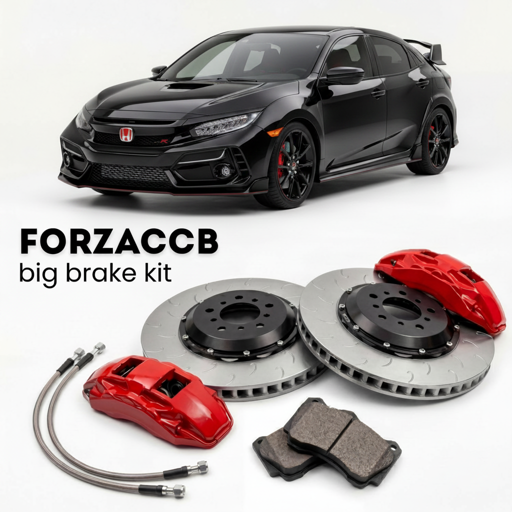 Black Honda Civic Type R FK8 (2017-2021) shown above a ForzaCCB iron rotor big brake kit with 2x red 6-piston front calipers, 2x two-piece floating ventilated brake discs 380 mm, set of brake pads, and brake lines.