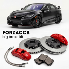 Black Honda Civic Type R FL5 (2022+) shown above a ForzaCCB iron rotor big brake kit with 2x red 6-piston front calipers, 2x two-piece floating ventilated brake discs 380 mm, set of brake pads, and brake lines.