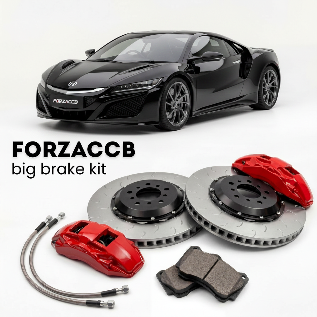 Black Honda NSX NC1 (2016-2022) shown above a ForzaCCB iron rotor big brake kit with 2x red 6-piston front calipers, 2x two-piece floating ventilated brake discs 380 mm, set of brake pads, and brake lines.