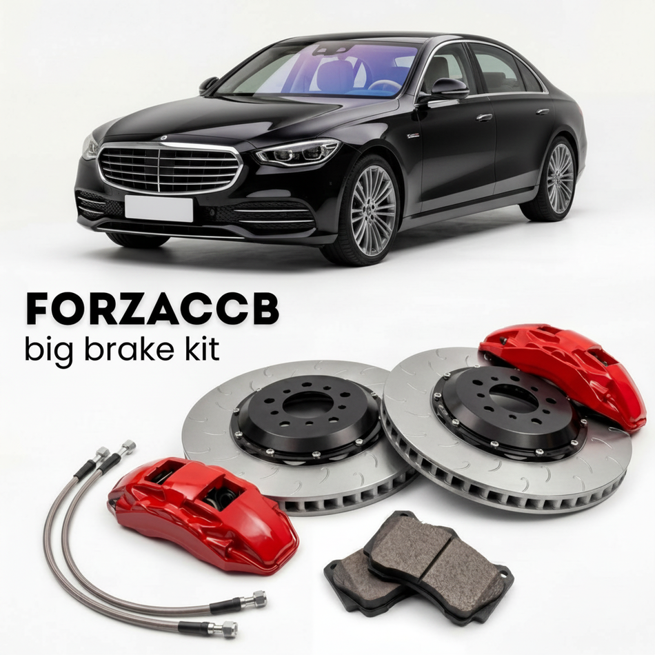 Black Hongqi H5 facelift 2020) (2020-2022 (I) shown above a ForzaCCB iron rotor big brake kit with 2x red 6-piston front calipers, 2x two-piece floating ventilated brake discs 380 mm, set of brake pads, and brake lines.