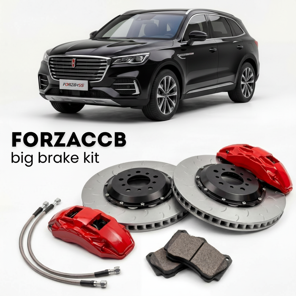 Black Hongqi HS5 (2019-2023) shown above a ForzaCCB iron rotor big brake kit with 2x red 6-piston front calipers, 2x two-piece floating ventilated brake discs 380 mm, set of brake pads, and brake lines.