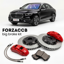 Black Hongqi HS5 facelift 2023 (2023+) shown above a ForzaCCB iron rotor big brake kit with 2x red 6-piston front calipers, 2x two-piece floating ventilated brake discs 380 mm, set of brake pads, and brake lines.