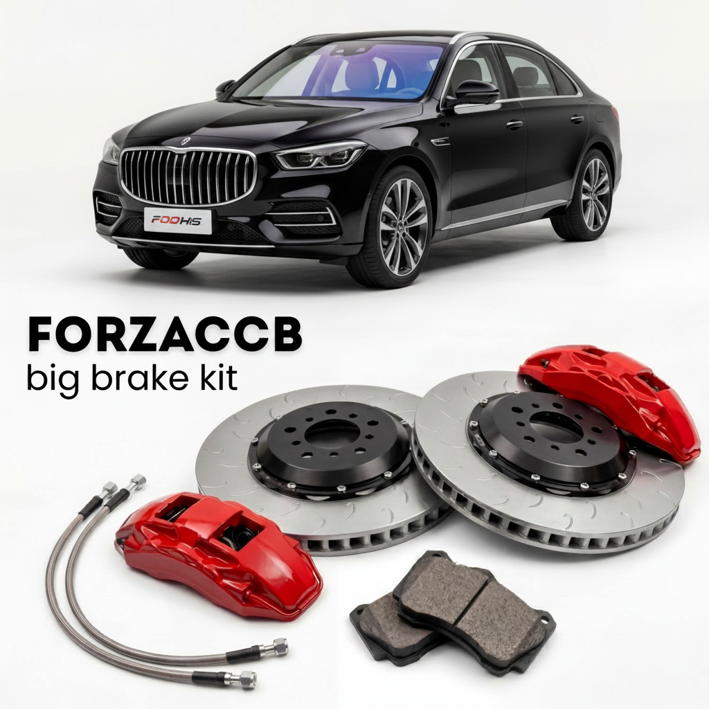 Black Hongqi HS5 facelift 2023 (2023+) shown above a ForzaCCB iron rotor big brake kit with 2x red 6-piston front calipers, 2x two-piece floating ventilated brake discs 380 mm, set of brake pads, and brake lines.