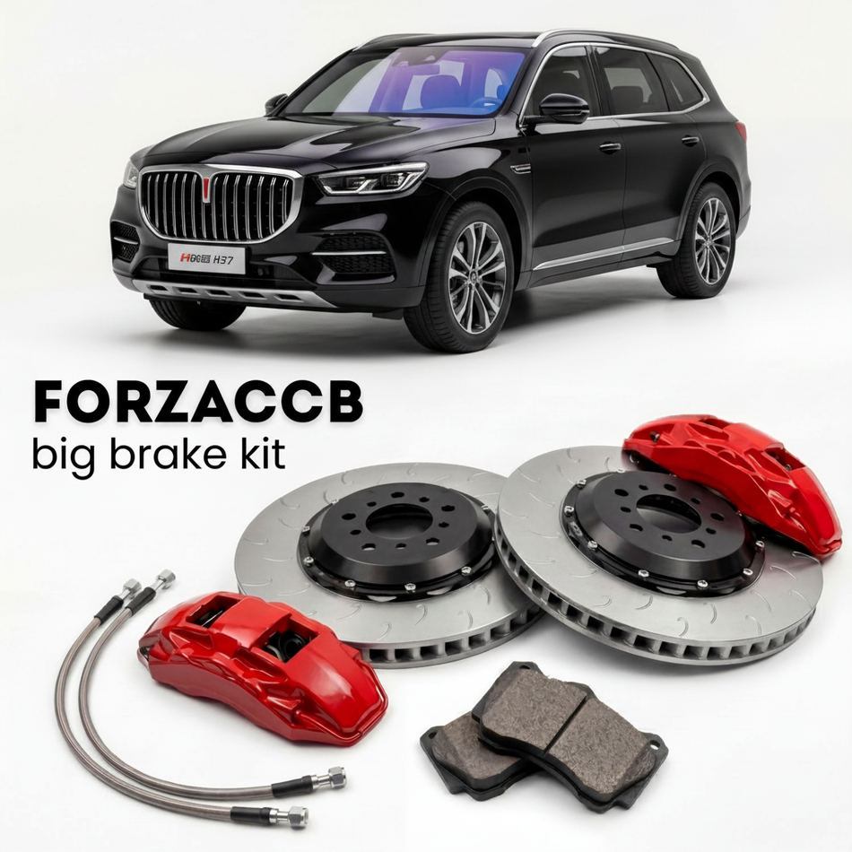 Black Hongqi HS7 I (2019-2023) shown above a ForzaCCB iron rotor big brake kit with 2x red 6-piston front calipers, 2x two-piece floating ventilated brake discs 380 mm, set of brake pads, and brake lines.