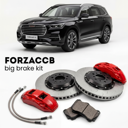 Black Hongqi HS7 II (2023+) shown above a ForzaCCB iron rotor big brake kit with 2x red 6-piston front calipers, 2x two-piece floating ventilated brake discs 380 mm, set of brake pads, and brake lines.