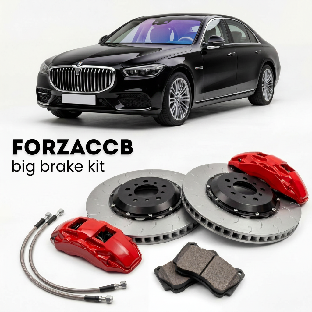 Black Hongqi Ousado (2023+) shown above a ForzaCCB iron rotor big brake kit with 2x red 6-piston front calipers, 2x two-piece floating ventilated brake discs 380 mm, set of brake pads, and brake lines.