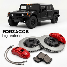 Black Hummer H1 I (2005-2006) shown above a ForzaCCB iron rotor big brake kit with 2x red 6-piston front calipers, 2x two-piece floating ventilated brake discs 380 mm, set of brake pads, and brake lines.