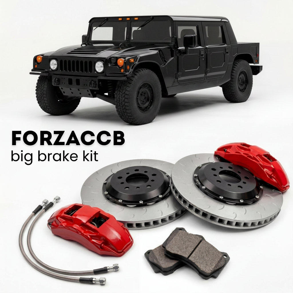 Black Hummer H1 I (2005-2006) shown above a ForzaCCB iron rotor big brake kit with 2x red 6-piston front calipers, 2x two-piece floating ventilated brake discs 380 mm, set of brake pads, and brake lines.