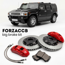 Black Hummer H2 gmt 840 (2005-2009) shown above a ForzaCCB iron rotor big brake kit with 2x red 6-piston front calipers, 2x two-piece floating ventilated brake discs 380 mm, set of brake pads, and brake lines.