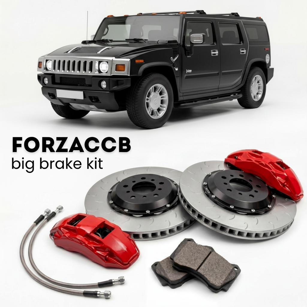 Black Hummer H2 gmt 840 (2005-2009) shown above a ForzaCCB iron rotor big brake kit with 2x red 6-piston front calipers, 2x two-piece floating ventilated brake discs 380 mm, set of brake pads, and brake lines.