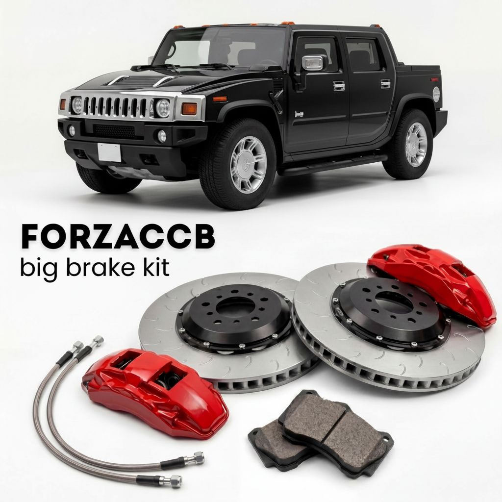 Black Hummer H2 SUT (2005-2009) shown above a ForzaCCB iron rotor big brake kit with 2x red 6-piston front calipers, 2x two-piece floating ventilated brake discs 380 mm, set of brake pads, and brake lines.