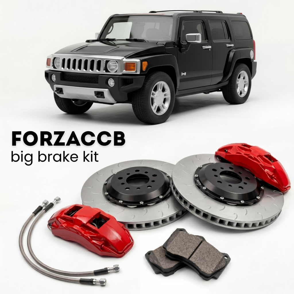 Black Hummer H3 (2005-2010) shown above a ForzaCCB iron rotor big brake kit with 2x red 6-piston front calipers, 2x two-piece floating ventilated brake discs 380 mm, set of brake pads, and brake lines.