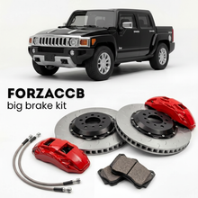 Black Hummer H3 Hummer H3T (2008-2010) shown above a ForzaCCB iron rotor big brake kit with 2x red 6-piston front calipers, 2x two-piece floating ventilated brake discs 380 mm, set of brake pads, and brake lines.