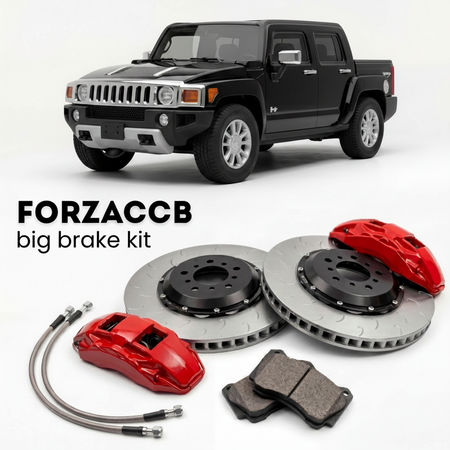 Black Hummer H3 Hummer H3T (2008-2010) shown above a ForzaCCB iron rotor big brake kit with 2x red 6-piston front calipers, 2x two-piece floating ventilated brake discs 380 mm, set of brake pads, and brake lines.
